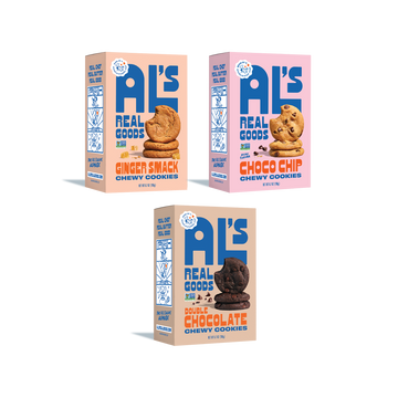 als real goods, three flavors choco chip, ginger smack, double chocolate 